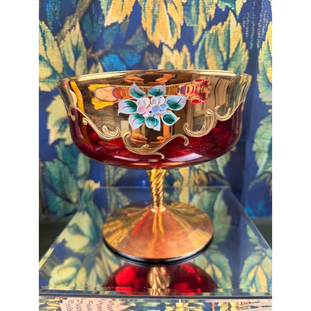 Murano Style Ruby Red Glass Compote Bowl Gold Encrusted Floral Tre Fuochi 7.25in